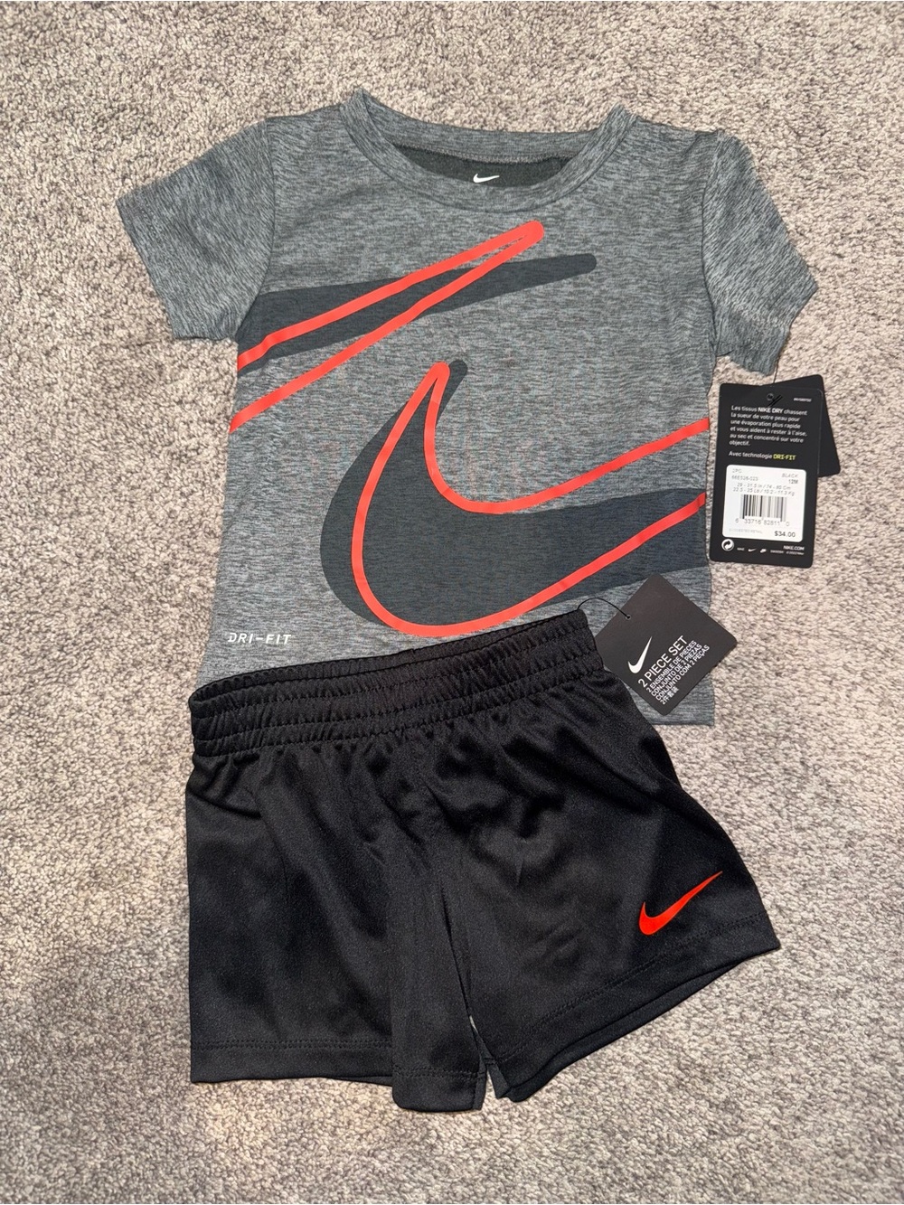 Nike Grey Tee & Black Shorts Set with Red Swoosh